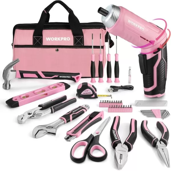 WORKPRO 53Piece Pink Tool set with Electric Cordless Screwdriver Basic Tool Kit Set for Women with 13 Portable Tool Bag for DIY Home RepairMaintenance  Pink Ribbon