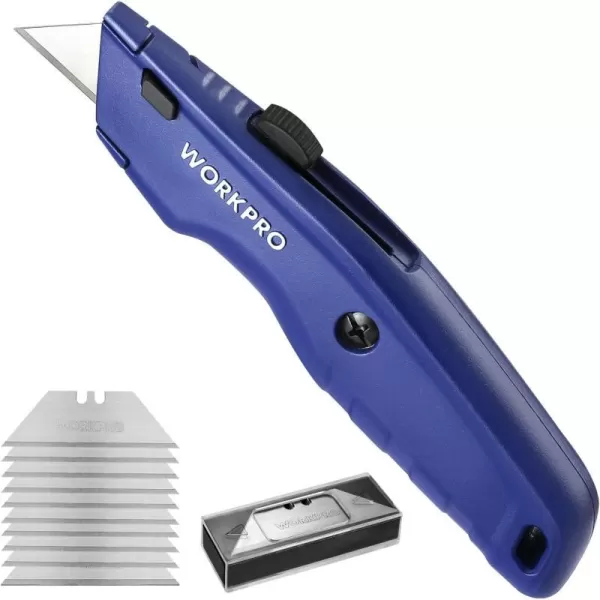 WORKPRO Premium Utility Knife 1PC Retractable All Metal Heavy Duty Box Cutter Quick Change Blade Razor Knife with 10 Extra BladesBlue