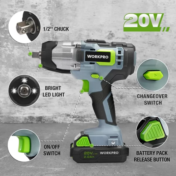 WORKPRO 20V Cordless Impact Wrench 12inch 320 Ft Pounds Max Torque 4Pcs Drive Impact Sockets 20Ah Liion Battery with Fast Charger Belt Clip for Easy CarryingBRUSH MOTOR