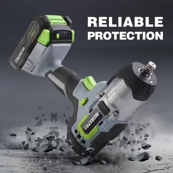 WORKPRO 20V Cordless Impact Wrench 12inch 320 Ft Pounds Max Torque 4Pcs Drive Impact Sockets 20Ah Liion Battery with Fast Charger Belt Clip for Easy CarryingBRUSH MOTOR