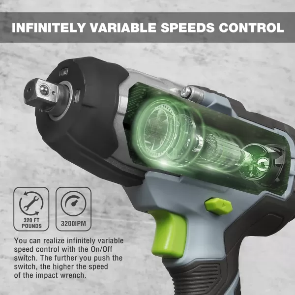 WORKPRO 20V Cordless Impact Wrench 12inch 320 Ft Pounds Max Torque 4Pcs Drive Impact Sockets 20Ah Liion Battery with Fast Charger Belt Clip for Easy CarryingBRUSH MOTOR