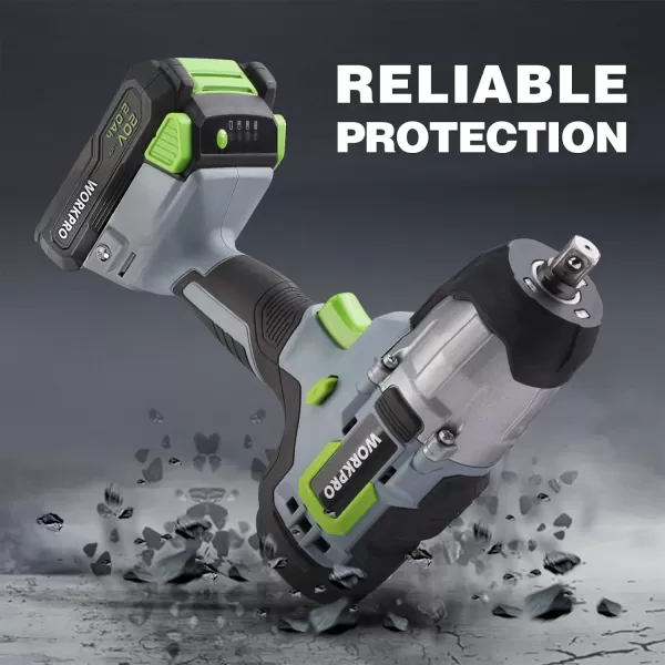 WORKPRO 20V Cordless Impact Wrench 12inch 320 Ft Pounds Max Torque 4Pcs Drive Impact Sockets 20Ah Liion Battery with Fast Charger Belt Clip for Easy CarryingBRUSH MOTOR4Pcs Impact Sockets