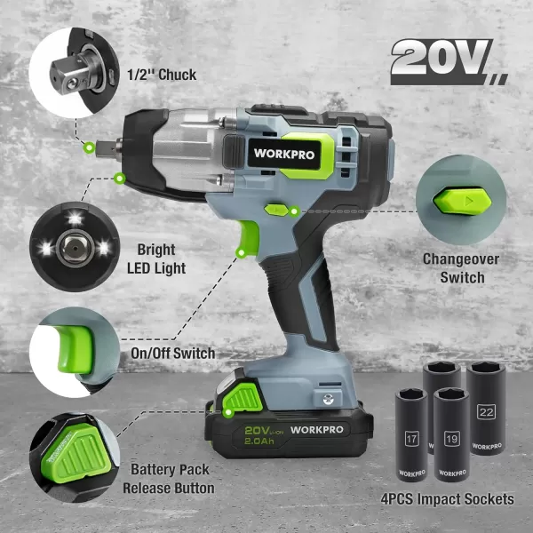 WORKPRO 20V Cordless Impact Wrench 12inch 320 Ft Pounds Max Torque 4Pcs Drive Impact Sockets 20Ah Liion Battery with Fast Charger Belt Clip for Easy CarryingBRUSH MOTOR4Pcs Impact Sockets