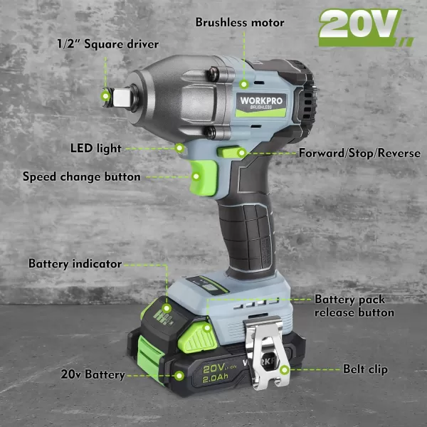 WORKPRO 20V Cordless Impact Wrench 12inch 320 Ft Pounds Max Torque 4Pcs Drive Impact Sockets 20Ah Liion Battery with Fast Charger Belt Clip for Easy CarryingBRUSHLESS MOTOR