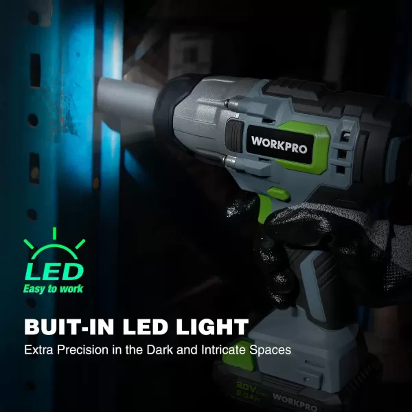 WORKPRO 20V Cordless Impact Wrench 12inch 320 Ft Pounds Max Torque 4Pcs Drive Impact Sockets 20Ah Liion Battery with Fast Charger Belt Clip for Easy CarryingBRUSH MOTOR4Pcs Impact Sockets