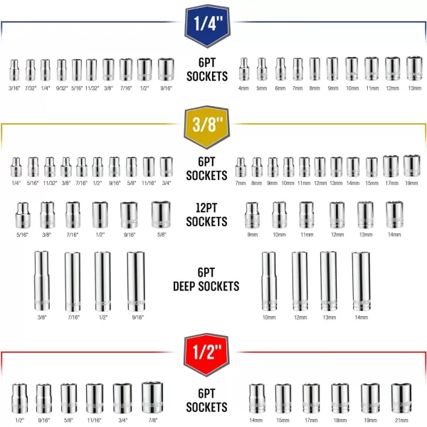 WORKPRO 39Piece Drive Socket Set 1438 CRV Metric and Imperial Sockets with QuickRelease Ratchet Wrench Compact Sockets Set for Car Repair192 Pieces