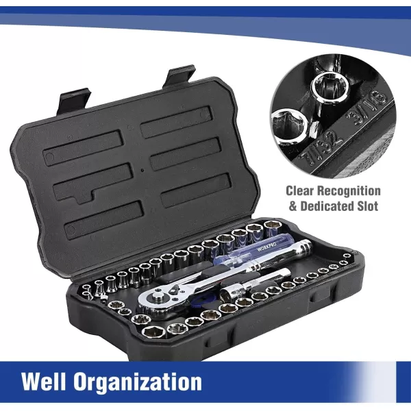 WORKPRO 39Piece Drive Socket Set 1438 CRV Metric and Imperial Sockets with QuickRelease Ratchet Wrench Compact Sockets Set for Car Repair39Pice