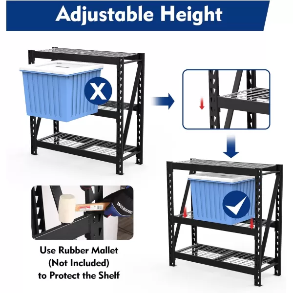 WORKPRO 3Tier Garage Shelving Unit Heavy Duty 5400 LBS Load Capacity Metal Storage Rack 50W x 18D x 47H Height Adjustable Industrial Shelving for Garage Warehouse Shop1 50u201DW x 18u201DD x 47u201DH