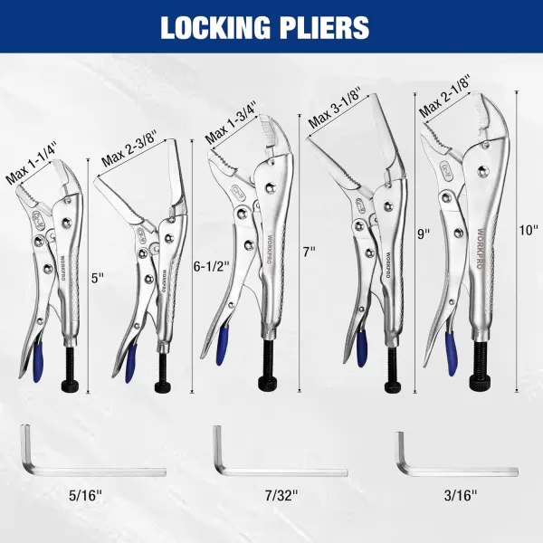 WORKPRO 5Piece CRV Locking Pliers Set 612 912 Long Nose Locking Pliers 5 7 and 10 Curved Jaw Locking Pliers Fast Release with 3pc Hex Keys5