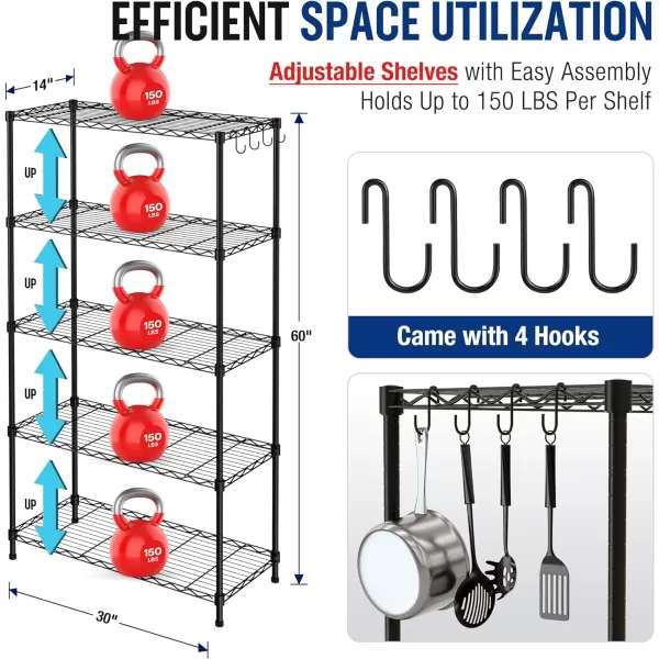 WORKPRO 5Tier Wire Shelving Unit 36W x 14D x 72H Metal Storage Shelves Rack Heavy Duty Utility Shelving 1750 LBS Load Capacity Total Kitchen Living Room Basement Garage30 W x 14 D x 60 H