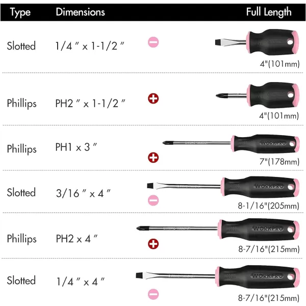 WORKPRO 6Piece Pink Magnetic Screwdrivers Set Includes 3 Slotted amp 3 Phillips Screwdrivers Stubby Screwdrivers Hand Tool Kit for WomanPink RibbonWORKPRO 6Piece Pink Magnetic Screwdrivers Set Includes 3 Slotted amp 3 Phillips Screwdrivers Stubby Screwdrivers Hand Tool Kit for WomanPink Ribbon