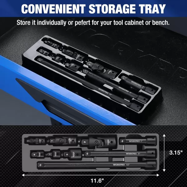 WORKPRO 9 PCS Socket Accessory Set Includes 38 Impact Drive Extension Bar Set 14 38 amp 12 Drive Universal Joints and Adapters Premium Chrome Vanadium Steel with Black Phosphate FinishWORKPRO 9 PCS Socket Accessory Set Includes 38 Impact Drive Extension Bar Set 14 38 amp 12 Drive Universal Joints and Adapters Premium Chrome Vanadium Steel with Black Phosphate Finish