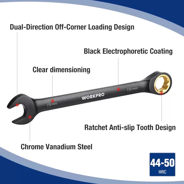 WORKPRO 9Piece AntiSlip Ratcheting Combination Wrench Set SAE 1434 72Tooth CrV Constructed Black Ratchet Wrenches Set with Roll Up PouchMETRIC