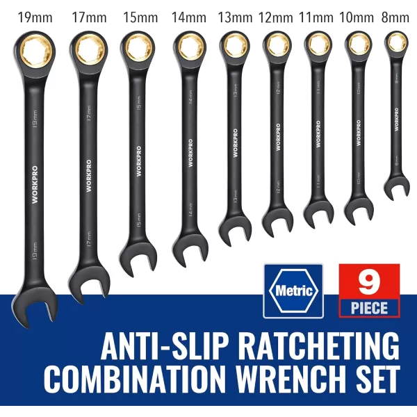 WORKPRO 9Piece AntiSlip Ratcheting Combination Wrench Set SAE 1434 72Tooth CrV Constructed Black Ratchet Wrenches Set with Roll Up PouchMETRIC