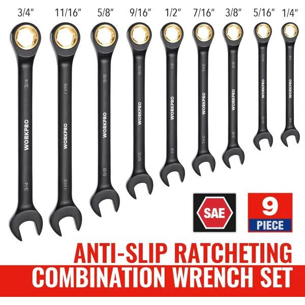 WORKPRO 9Piece AntiSlip Ratcheting Combination Wrench Set SAE 1434 72Tooth CrV Constructed Black Ratchet Wrenches Set with Roll Up PouchSAE