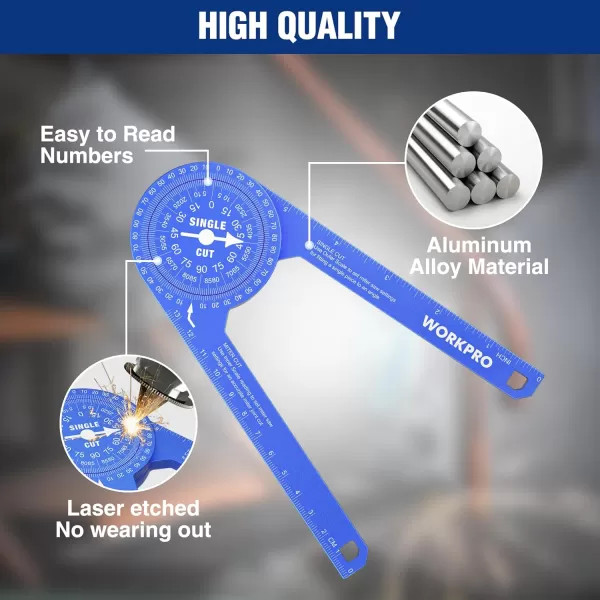 WORKPRO Aluminum Miter Saw Protractor 73 Inch Angle Finder Featuring Precision Laser Engraved Scales for Inside and Outside Corner Carpenters Plumbers and All Building Trades 360 Rotation BlueWORKPRO Aluminum Miter Saw Protractor 73 Inch Angle Finder Featuring Precision Laser Engraved Scales for Inside and Outside Corner Carpenters Plumbers and All Building Trades 360 Rotation Blue