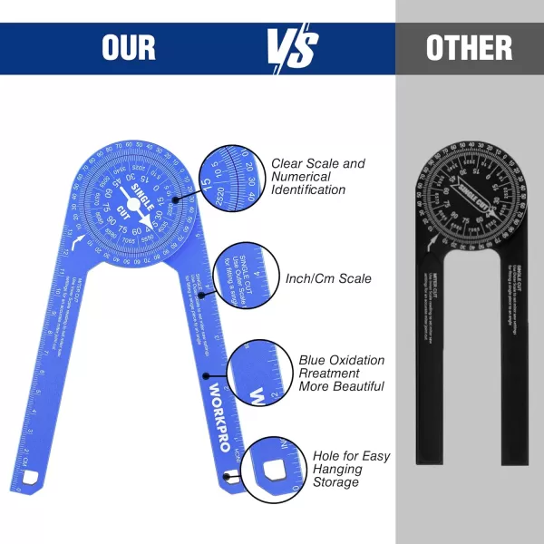 WORKPRO Aluminum Miter Saw Protractor 73 Inch Angle Finder Featuring Precision Laser Engraved Scales for Inside and Outside Corner Carpenters Plumbers and All Building Trades 360 Rotation BlueWORKPRO Aluminum Miter Saw Protractor 73 Inch Angle Finder Featuring Precision Laser Engraved Scales for Inside and Outside Corner Carpenters Plumbers and All Building Trades 360 Rotation Blue