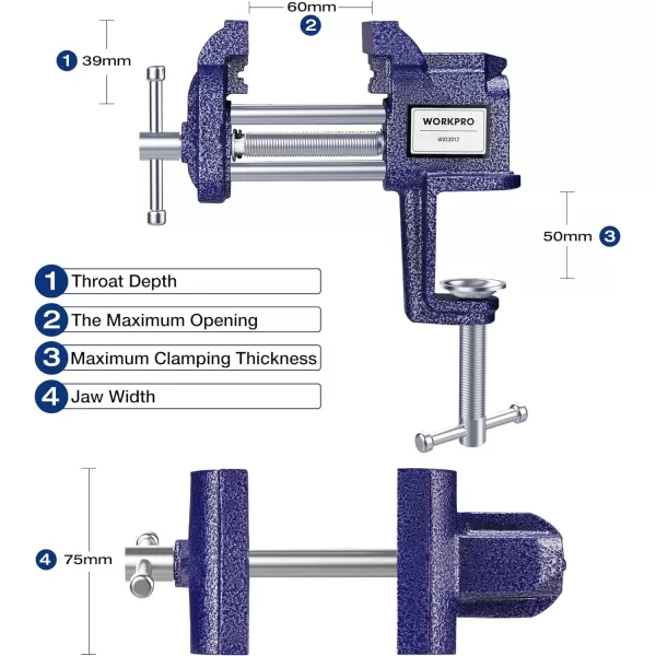 WORKPRO ClampOn Vise 3 Inch Jaw Width Portable Bench Clamp Fixed Tool for Woodworking Metalworking Cutting Conduit Drilling Sawing BlueWORKPRO ClampOn Vise 3 Inch Jaw Width Portable Bench Clamp Fixed Tool for Woodworking Metalworking Cutting Conduit Drilling Sawing Blue