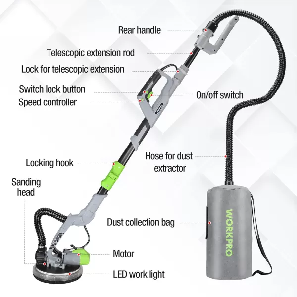 WORKPRO Drywall Sander 720W Electric Sander with Vacuum 7 Variable Speed 11001850 RPM Wall Sander with 12 Pcs Sanding discs LED Light Extendable Handle Long Dust Hose and Storage BagWORKPRO Drywall Sander 720W Electric Sander with Vacuum 7 Variable Speed 11001850 RPM Wall Sander with 12 Pcs Sanding discs LED Light Extendable Handle Long Dust Hose and Storage Bag