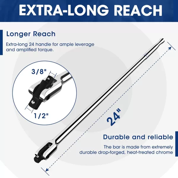 WORKPRO Dual Drive Breaker Bar 38 amp 14 Drive Heavy Duty Breaker Bars 8inch Length with 360 Rotatable Head Springloaded Detent Ball Chrome Vanadium Steel Made24  Dual Drive 3812