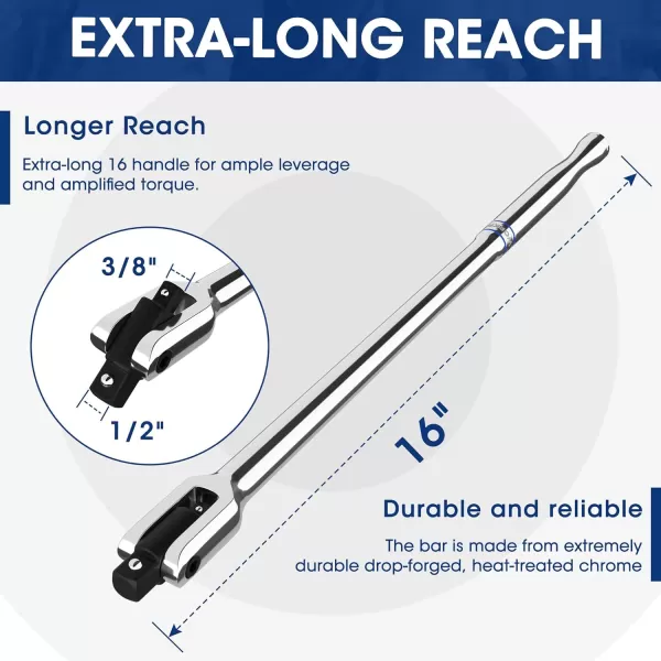 WORKPRO Dual Drive Breaker Bar 38 amp 14 Drive Heavy Duty Breaker Bars 8inch Length with 360 Rotatable Head Springloaded Detent Ball Chrome Vanadium Steel Made16  Dual Drive 3812