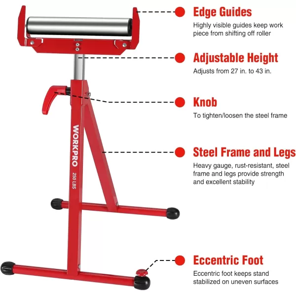 WORKPRO Folding Roller Stand Height Adjustable Heavy Duty 250 LB Load Capacity Outfeed Woodworking2