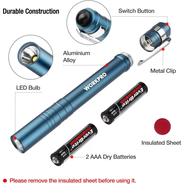 WORKPRO LED Pen Light Set BatteryPowered Aluminum Handheld Flashlights Pocket Torch Penlight with High Lumens for Camping Outdoor Emergency Everyday 8AAA Batteries Included Gray 4PackBlue