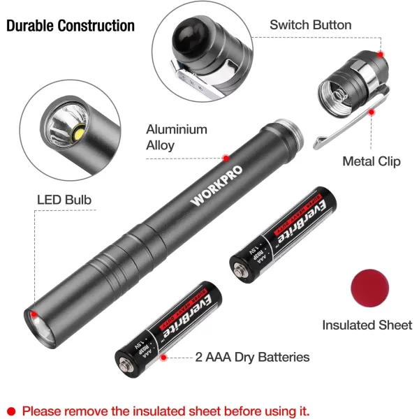 WORKPRO LED Pen Light Set BatteryPowered Aluminum Handheld Flashlights Pocket Torch Penlight with High Lumens for Camping Outdoor Emergency Everyday 8AAA Batteries Included Gray 4PackGray