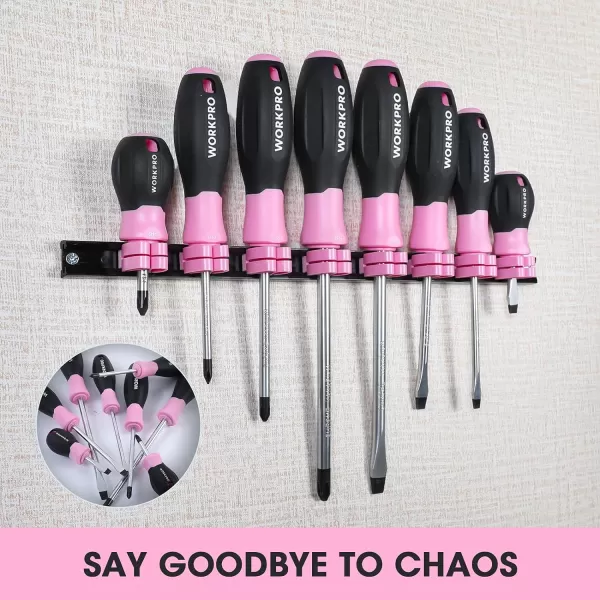 WORKPRO Magnetic Screwdrivers Set 8piece Pink Hand tools for Womens Includes Philips Flathead Slotted Stubby Screwdrivers with Organizer Rack  Pink RibbonWORKPRO Magnetic Screwdrivers Set 8piece Pink Hand tools for Womens Includes Philips Flathead Slotted Stubby Screwdrivers with Organizer Rack  Pink Ribbon