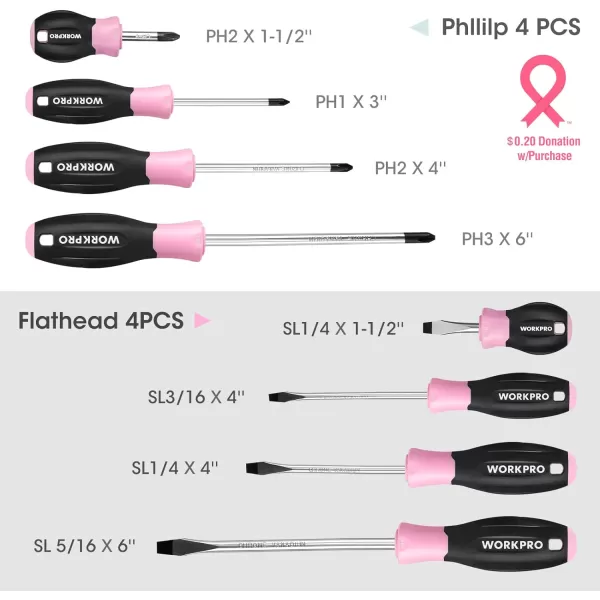 WORKPRO Magnetic Screwdrivers Set 8piece Pink Hand tools for Womens Includes Philips Flathead Slotted Stubby Screwdrivers with Organizer Rack  Pink RibbonWORKPRO Magnetic Screwdrivers Set 8piece Pink Hand tools for Womens Includes Philips Flathead Slotted Stubby Screwdrivers with Organizer Rack  Pink Ribbon