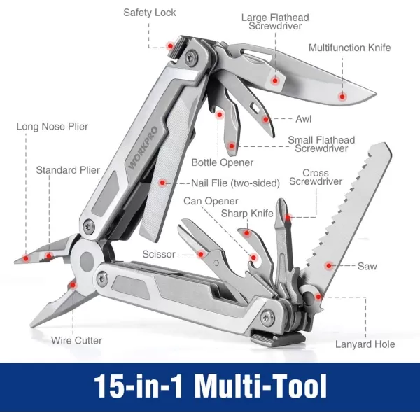 WORKPRO Multitool 15in1 Multi Tool Pocket Knife with Screwdriver Heavy Duty Multitool Pliers with Safety Locking and Sheath Perfect for Camping Fishing and HikingWORKPRO Multitool 15in1 Multi Tool Pocket Knife with Screwdriver Heavy Duty Multitool Pliers with Safety Locking and Sheath Perfect for Camping Fishing and Hiking