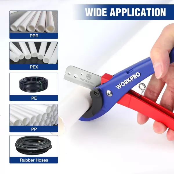 WORKPRO PEX Pipe Cutter with Sharp 7Cr17MoV Blades Hose Cutter with 18158 Cutting Capacity Tubing Cutter for PPR PE PP and Rubber Hoses Suitable for Home and Plumbing RepairsWORKPRO PEX Pipe Cutter with Sharp 7Cr17MoV Blades Hose Cutter with 18158 Cutting Capacity Tubing Cutter for PPR PE PP and Rubber Hoses Suitable for Home and Plumbing Repairs