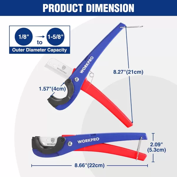 WORKPRO PEX Pipe Cutter with Sharp 7Cr17MoV Blades Hose Cutter with 18158 Cutting Capacity Tubing Cutter for PPR PE PP and Rubber Hoses Suitable for Home and Plumbing RepairsWORKPRO PEX Pipe Cutter with Sharp 7Cr17MoV Blades Hose Cutter with 18158 Cutting Capacity Tubing Cutter for PPR PE PP and Rubber Hoses Suitable for Home and Plumbing Repairs