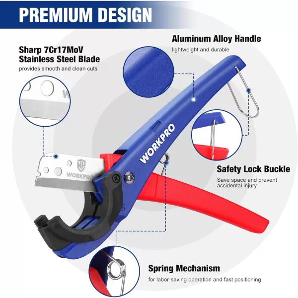 WORKPRO PEX Pipe Cutter with Sharp 7Cr17MoV Blades Hose Cutter with 18158 Cutting Capacity Tubing Cutter for PPR PE PP and Rubber Hoses Suitable for Home and Plumbing RepairsWORKPRO PEX Pipe Cutter with Sharp 7Cr17MoV Blades Hose Cutter with 18158 Cutting Capacity Tubing Cutter for PPR PE PP and Rubber Hoses Suitable for Home and Plumbing Repairs