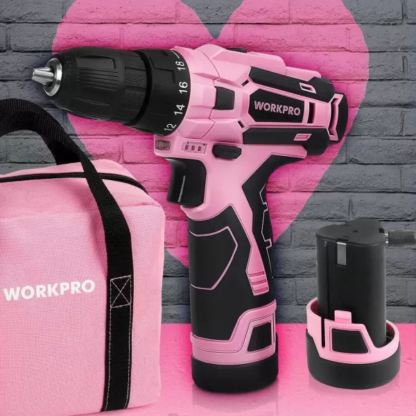 WORKPRO Pink Cordless Drill Driver Set 12V Electric Screwdriver Driver Tool Kit 38 Keyless Chuck Charger and Storage Bag Included  Pink RibbonPink