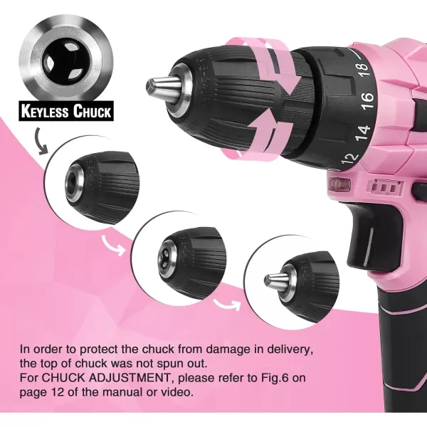 WORKPRO Pink Cordless Drill Driver Set 12V Electric Screwdriver Driver Tool Kit 38 Keyless Chuck Charger and Storage Bag Included  Pink RibbonPink