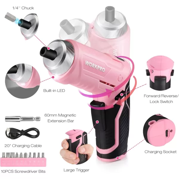 WORKPRO Pink Tool Set with 37V Rotatable Electric Screwdriver 18PCS Portable Ladies Home Tool Kit with Toolbox Cordless Electric Screwdriver Kit Household tool kit for Dorm Apartment Pink RibbonPink