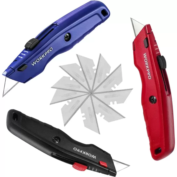 WORKPRO Premium Utility Knife Retractable All Metal Heavy Duty Box Cutter Quick Change Blade Razor Knife with 10 Extra Blades Set of 3 Black Red BlueWORKPRO Premium Utility Knife Retractable All Metal Heavy Duty Box Cutter Quick Change Blade Razor Knife with 10 Extra Blades Set of 3 Black Red Blue