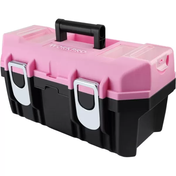 WORKPRO 16inch Tool Box Pink Plastic Toolbox with Metal Latch and Removable Tray Small Tool Storage Organizer with Lock Secured  Pink RibbonWORKPRO 16inch Tool Box Pink Plastic Toolbox with Metal Latch and Removable Tray Small Tool Storage Organizer with Lock Secured  Pink Ribbon