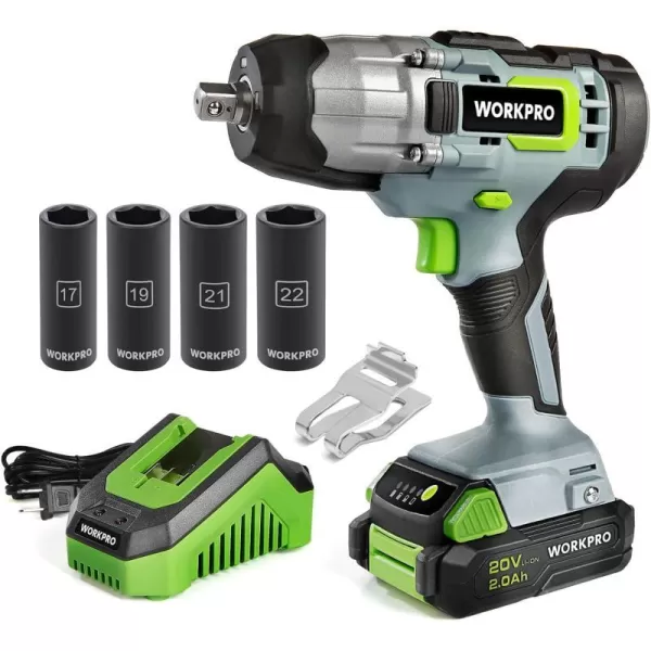 WORKPRO 20V Cordless Impact Wrench 12inch 320 Ft Pounds Max Torque 4Pcs Drive Impact Sockets 20Ah Liion Battery with Fast Charger Belt Clip for Easy CarryingBRUSH MOTOR4Pcs Impact Sockets