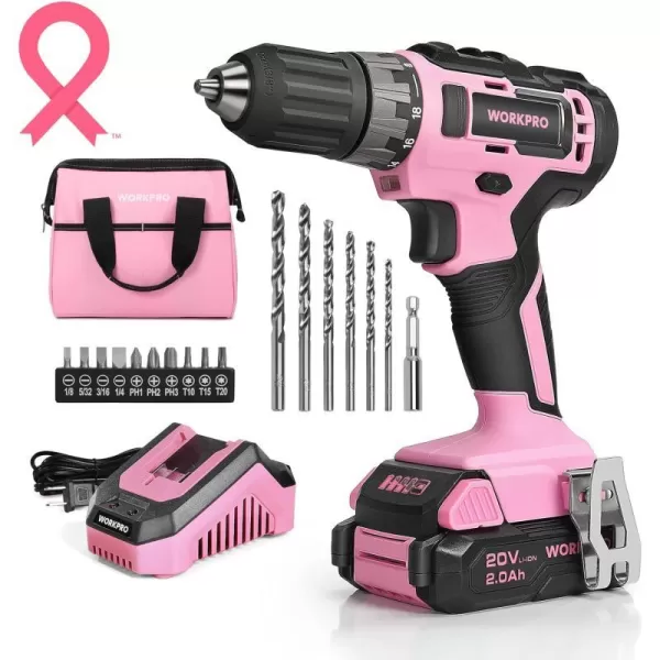 WORKPRO 20V Pink Cordless Drill Driver Set 38 Keyless Chuck 20 Ah Liion Battery 1 Hour Fast Charger and 11inch Storage Bag IncludedPink