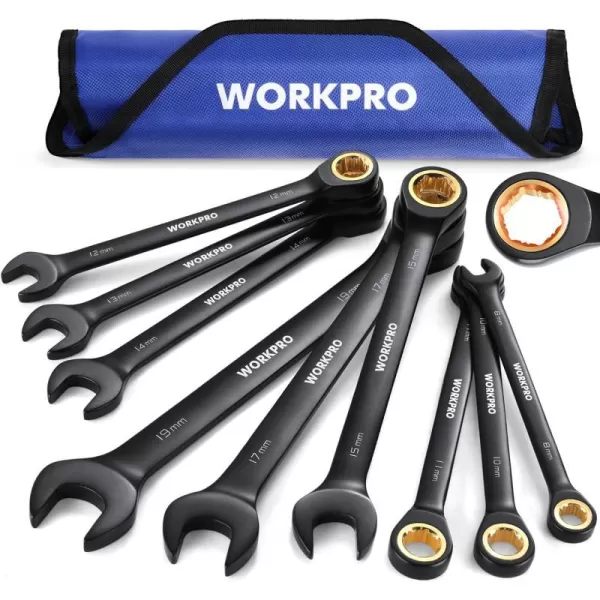 WORKPRO 9Piece AntiSlip Ratcheting Combination Wrench Set SAE 1434 72Tooth CrV Constructed Black Ratchet Wrenches Set with Roll Up PouchMETRIC