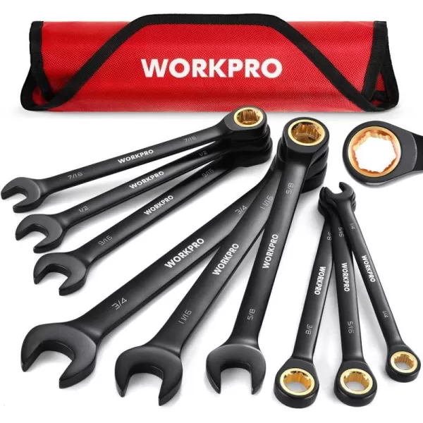 WORKPRO 9Piece AntiSlip Ratcheting Combination Wrench Set SAE 1434 72Tooth CrV Constructed Black Ratchet Wrenches Set with Roll Up PouchSAE