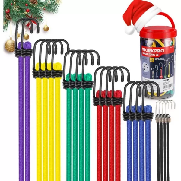 WORKPRO Bungee Cords Heavy Duty Outdoor  22 PCS in Storage Jar Includes 10 18 24 30 36 48 Bungie Cord Bundle Assortment with Metal HookWORKPRO Bungee Cords Heavy Duty Outdoor  22 PCS in Storage Jar Includes 10 18 24 30 36 48 Bungie Cord Bundle Assortment with Metal Hook