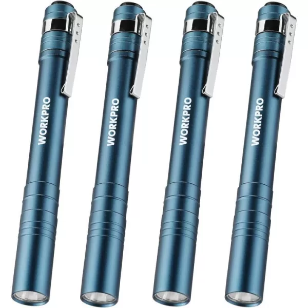 WORKPRO LED Pen Light Set BatteryPowered Aluminum Handheld Flashlights Pocket Torch Penlight with High Lumens for Camping Outdoor Emergency Everyday 8AAA Batteries Included Gray 4PackBlue