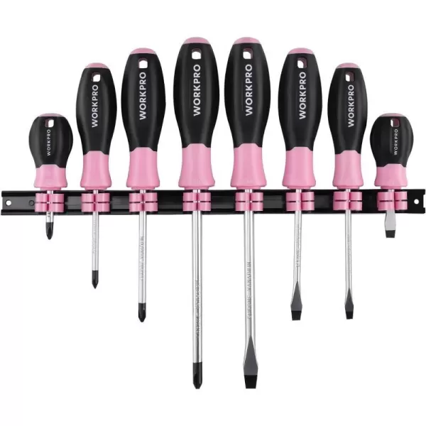 WORKPRO Magnetic Screwdrivers Set 8piece Pink Hand tools for Womens Includes Philips Flathead Slotted Stubby Screwdrivers with Organizer Rack  Pink RibbonWORKPRO Magnetic Screwdrivers Set 8piece Pink Hand tools for Womens Includes Philips Flathead Slotted Stubby Screwdrivers with Organizer Rack  Pink Ribbon