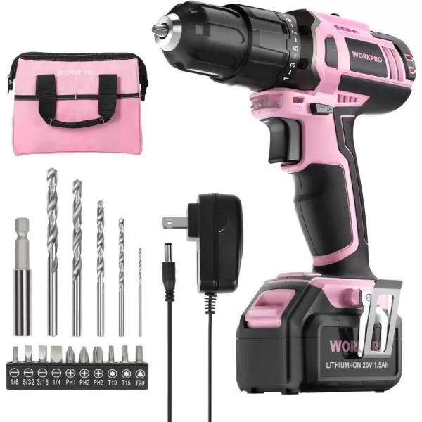 WORKPRO Pink Cordless 20V Lithiumion Drill Driver Set 1 Battery Charger and Storage Bag Included  Pink RibbonWORKPRO Pink Cordless 20V Lithiumion Drill Driver Set 1 Battery Charger and Storage Bag Included  Pink Ribbon