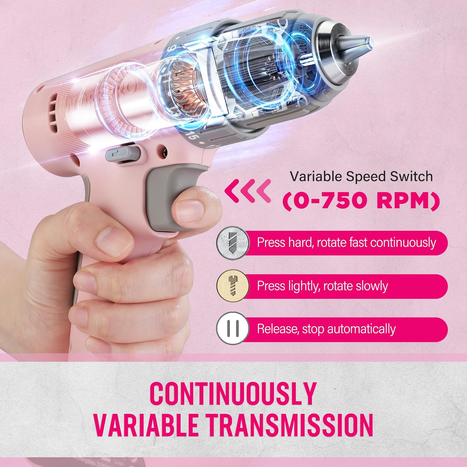 WORKPRO 12V Cordless Drill Driver Set Electric Power Drill Tool Kit with 6 Pcs Bits 38Inch Keyless Chuck Variable Speed 18 Touque Setting TypeC Charge Cable Led Light WhitePink