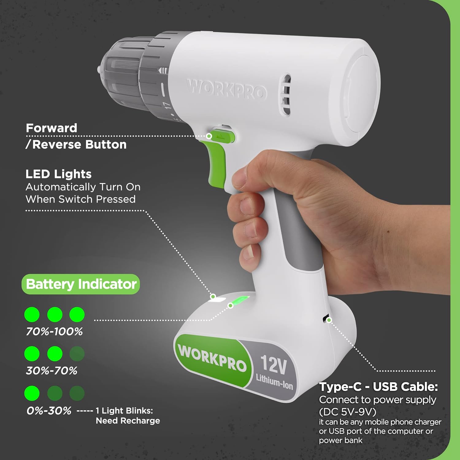 WORKPRO 12V Cordless Drill Driver Set Electric Power Drill Tool Kit with 6 Pcs Bits 38Inch Keyless Chuck Variable Speed 18 Touque Setting TypeC Charge Cable Led Light WhiteWhite