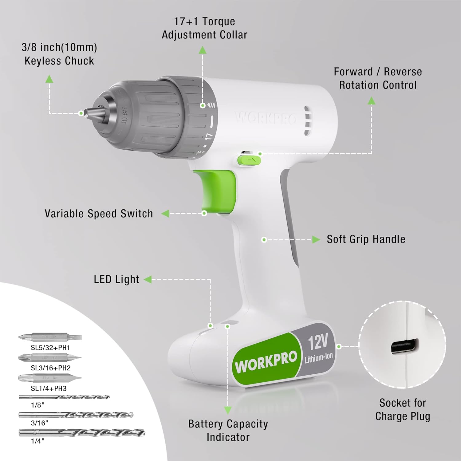 WORKPRO 12V Cordless Drill Driver Set Electric Power Drill Tool Kit with 6 Pcs Bits 38Inch Keyless Chuck Variable Speed 18 Touque Setting TypeC Charge Cable Led Light WhiteWhite